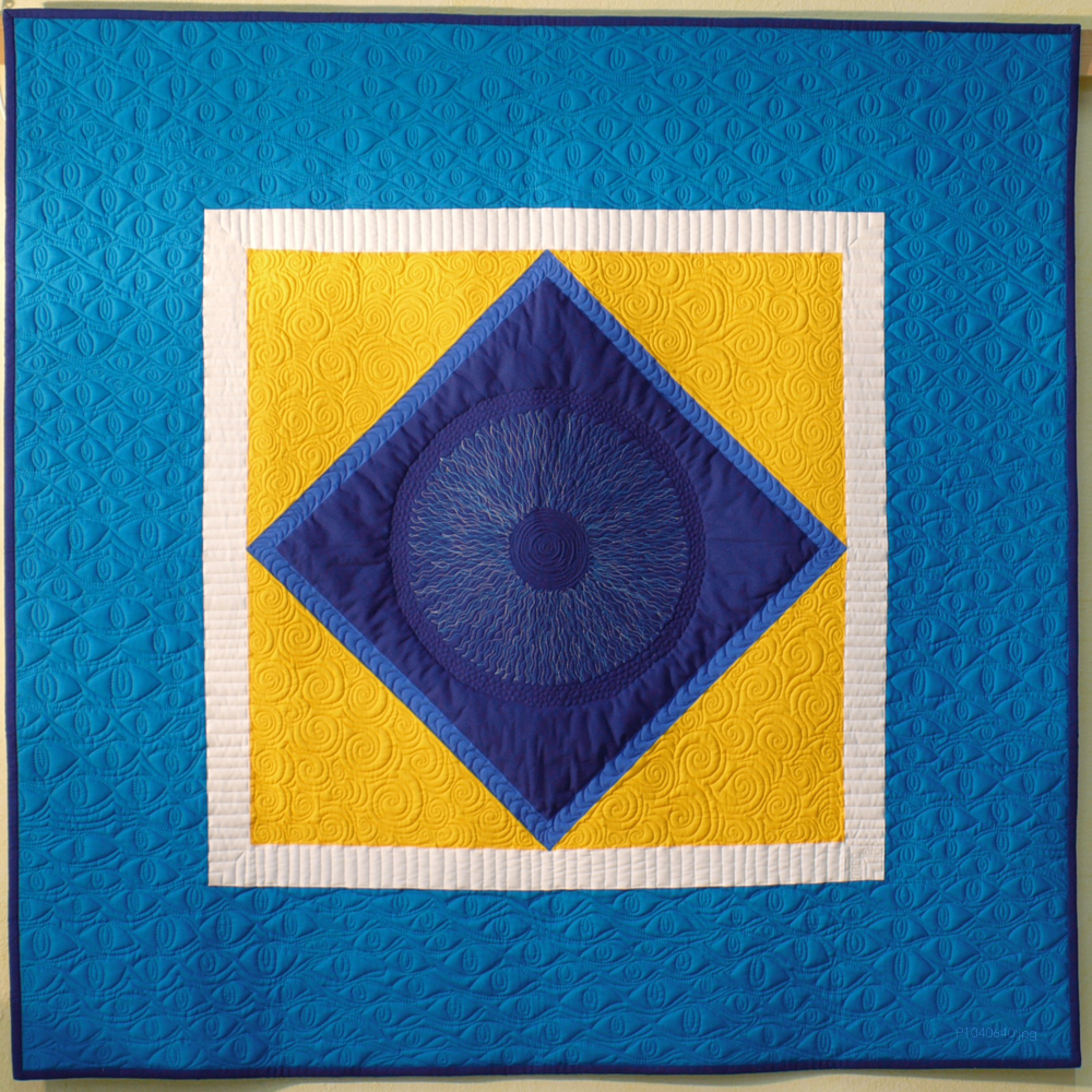 Quilt Quadrat im Quadrat blau und gelb, Quilting Augenmuster